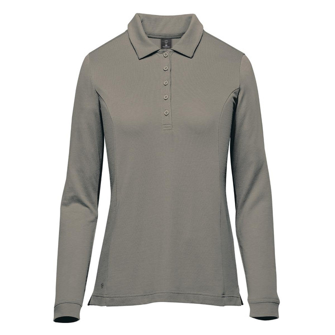 A long-sleeve women's polo in a muted grey tone, featuring a collar and buttons, along with a logo.