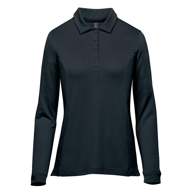 A black long-sleeve polo shirt featuring a collar and buttons, with a logo on the chest.