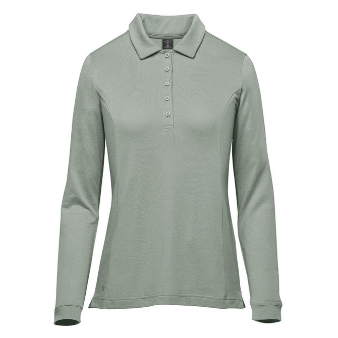 A long-sleeve polo shirt in a soft green shade, featuring a collar and a button placket. The shirt has a logo.