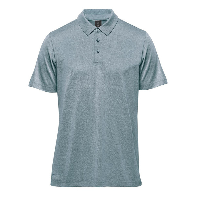 A men's polo in a light blue colour, featuring a collar and three-button placket, with branding on the chest.
