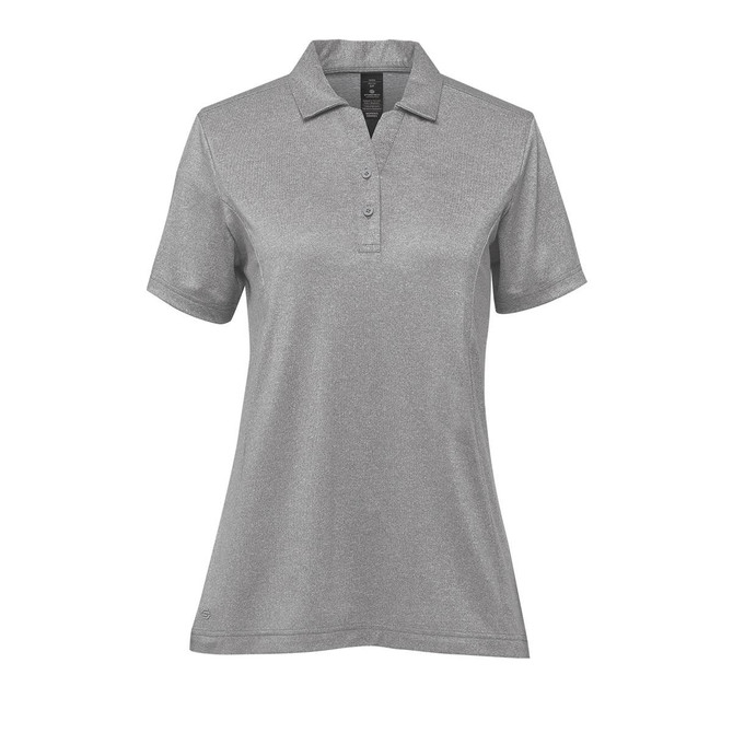A women's polo shirt in grey with a classic collar and short sleeves, featuring a logo on the garment.