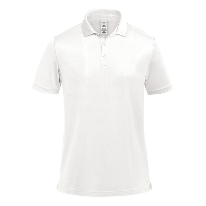 A white men's polo shirt featuring a classic collar and a logo on the chest.