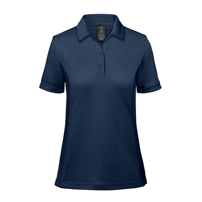 A women's polo shirt in navy blue with a classic collar, short sleeves, and a discreet logo.
