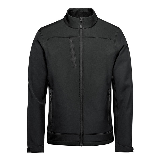 A black men's softshell jacket featuring a full front zipper and multiple pockets, including a chest pocket.
