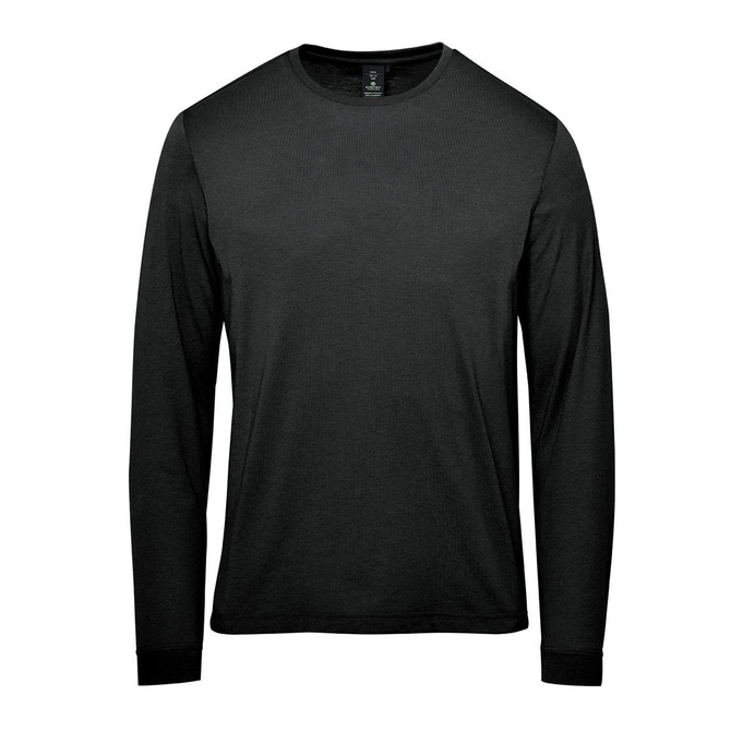 A long-sleeve black t-shirt with a round neckline and a simple design. It features a logo on the label.
