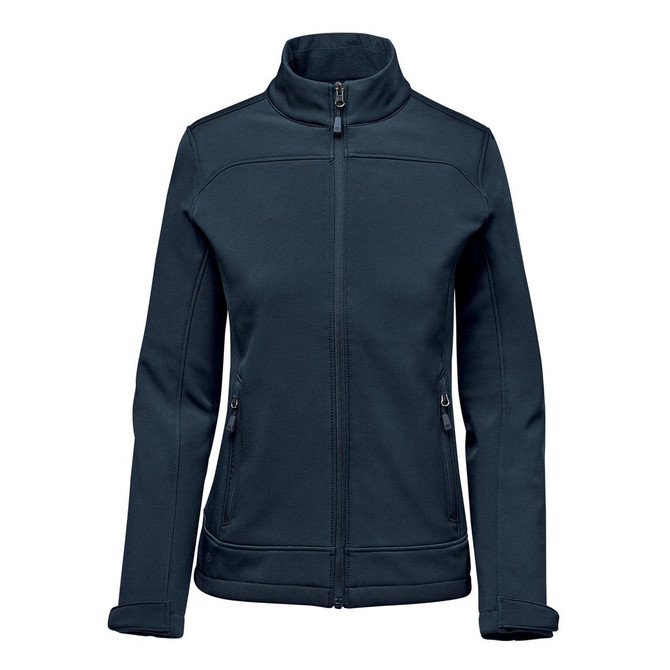 A women's softshell jacket in navy blue with a high collar and zippered pockets. Features a discreet logo.