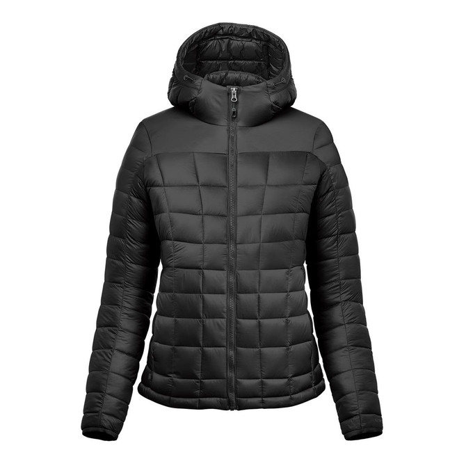 A women's puffer jacket in black featuring a hood and a quilted design with a front zipper.
