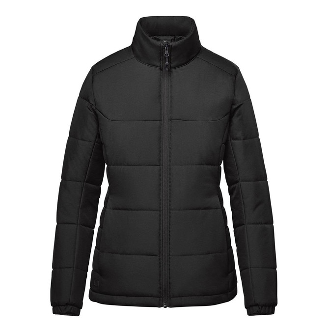 A women's black thermal puffer jacket with a zip closure and a high collar. It features a logo on the chest.