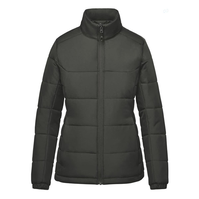 A women's thermal jacket in dark green with a zip front and a high collar, featuring a puffer design and branding.