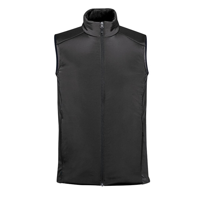 A black thermal vest with a stand-up collar and zip front, featuring shoulder panels and a simple design.