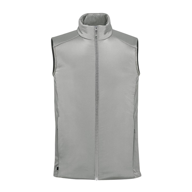A grey men's thermal vest with a high collar and front zipper. It features a branding logo on the design.