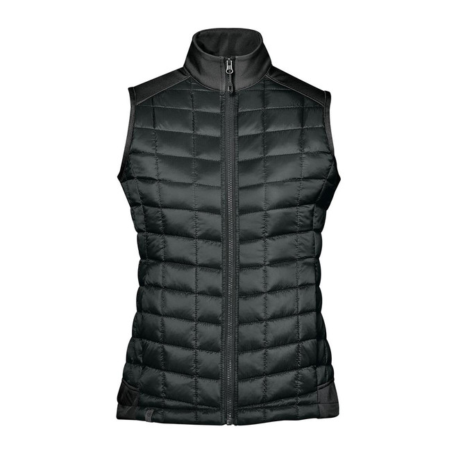 A black thermal softshell vest with a quilted design and a high collar, featuring a front zipper and no sleeves.