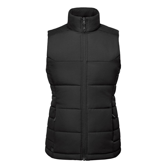 A black thermal vest featuring a high collar and zippered front, with padded sections and side pockets.