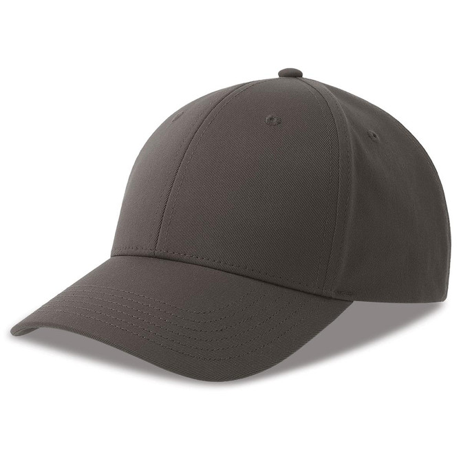 A dark grey cap made from recycled polyester, featuring a rounded crown and a curved brim. It has a logo.