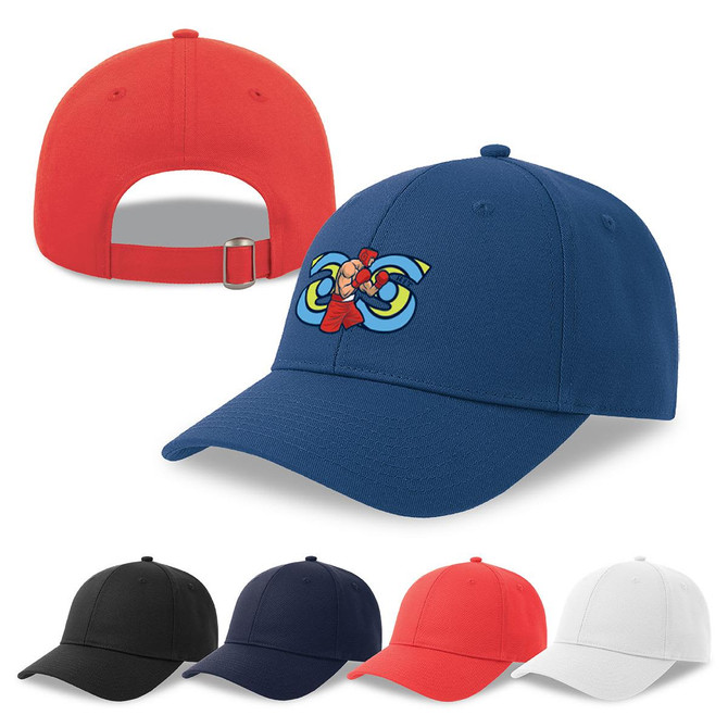 A blue cap with a logo displayed on the front, alongside black, navy, red, and white variations.