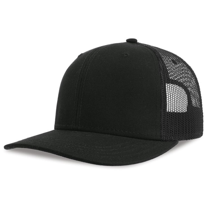 A black trucker cap with a solid front and mesh back, featuring a logo on the side.