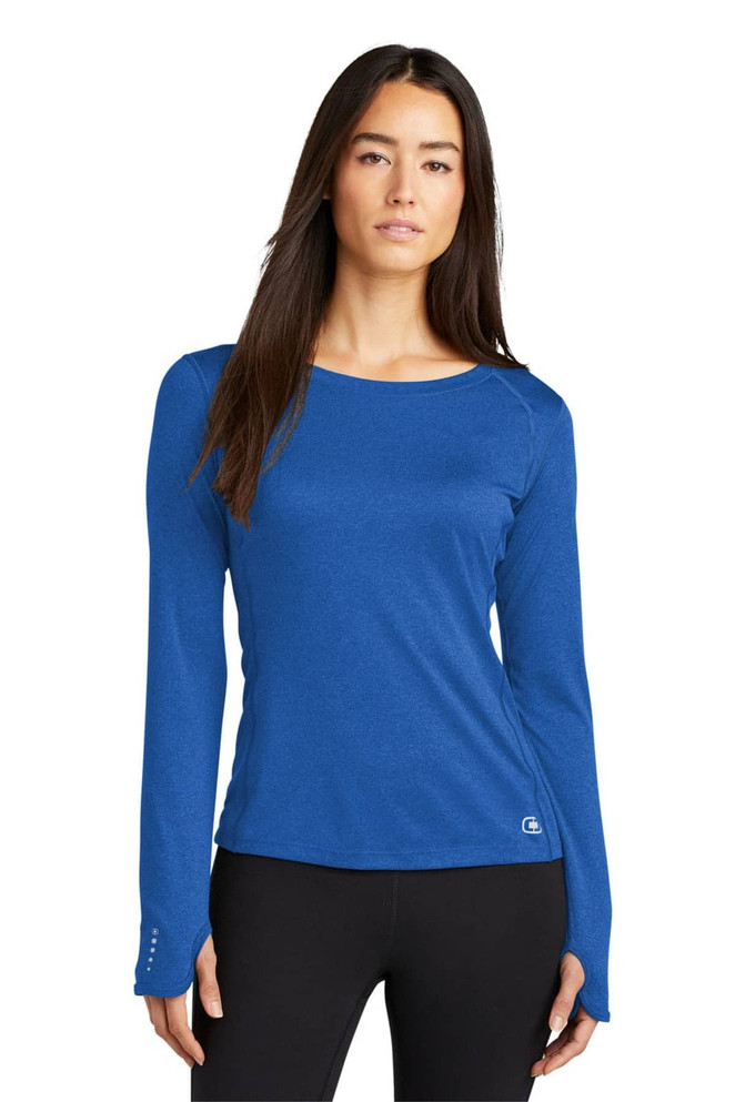 A long sleeve crew shirt in blue, featuring a fitted silhouette and a logo on the lower side.