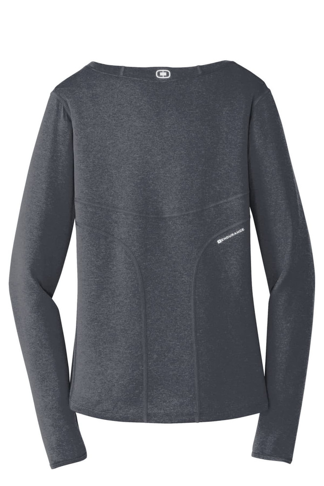 A dark grey long sleeve crew shirt with a fitted design, featuring seam detailing and a small logo.