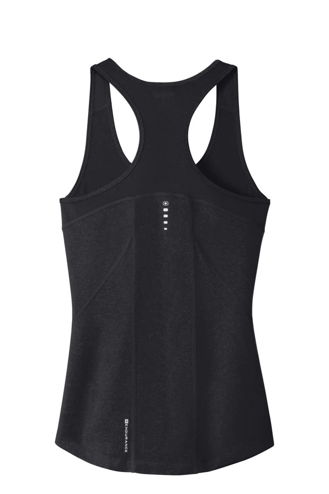A black racerback tank top featuring a fitted design and a logo on the back. Ideal for sportswear.