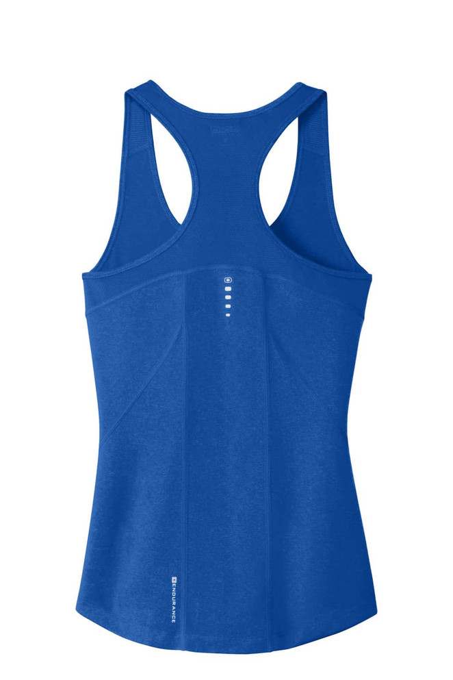A blue racerback tank top with a fitted design, featuring an embellishment on the back and a logo.