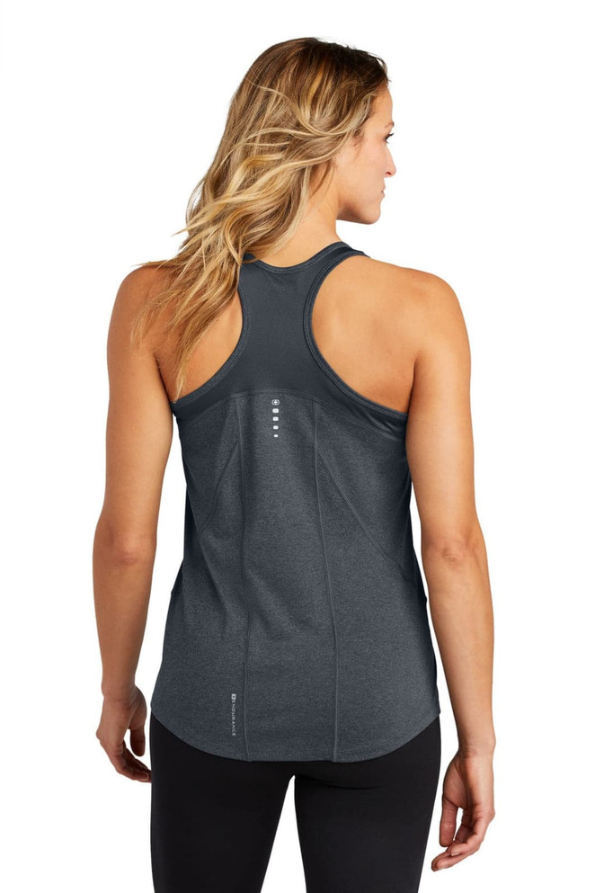 A grey racerback tank top with a fitted design, featuring a logo and sleek back detailing.
