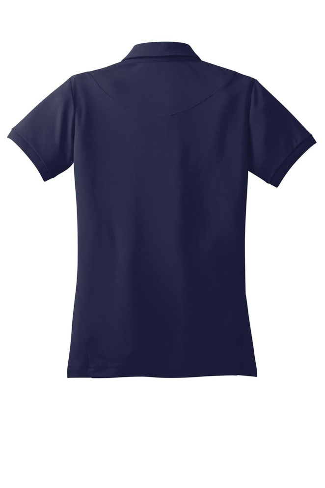 A navy blue polo shirt featuring a collar and short sleeves, with a logo on the back.