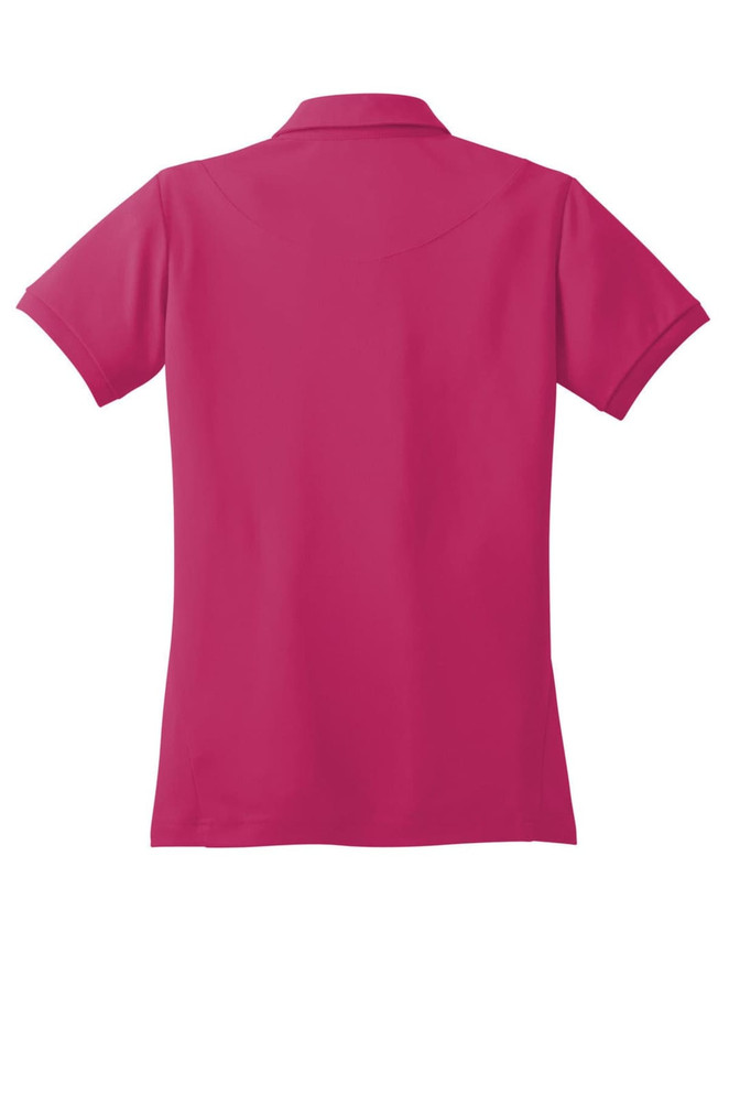 A pink polo shirt with short sleeves and a back collar. It features a logo on the side.