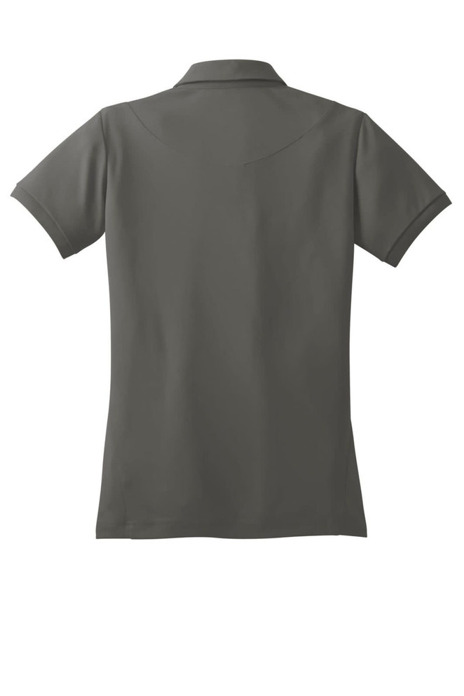 A grey polo shirt featuring a collared neckline and short sleeves, with a logo on the back.
