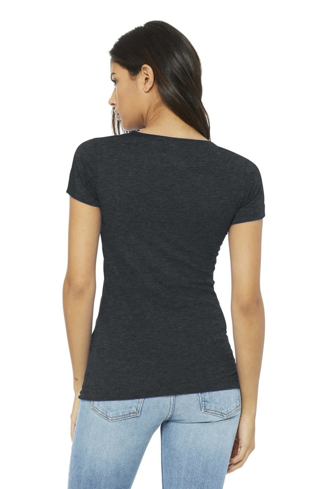 A black women's fitted t-shirt with short sleeves, displayed from the back, worn with light blue jeans.