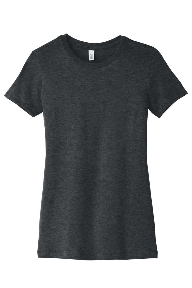 A dark grey women's t-shirt with short sleeves and a fitted design. It features a logo on the label.