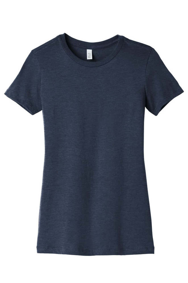 A navy blue women's t-shirt featuring a crew neck and short sleeves, with a logo on the label.
