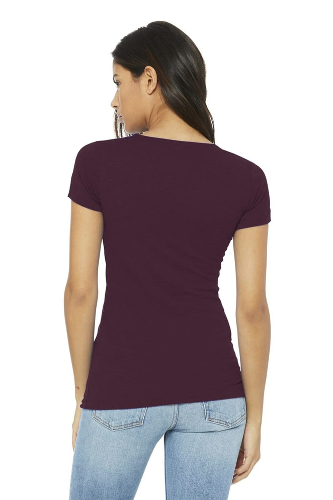 A woman wearing a fitted maroon t-shirt with short sleeves, viewed from the back. The shirt has a logo.