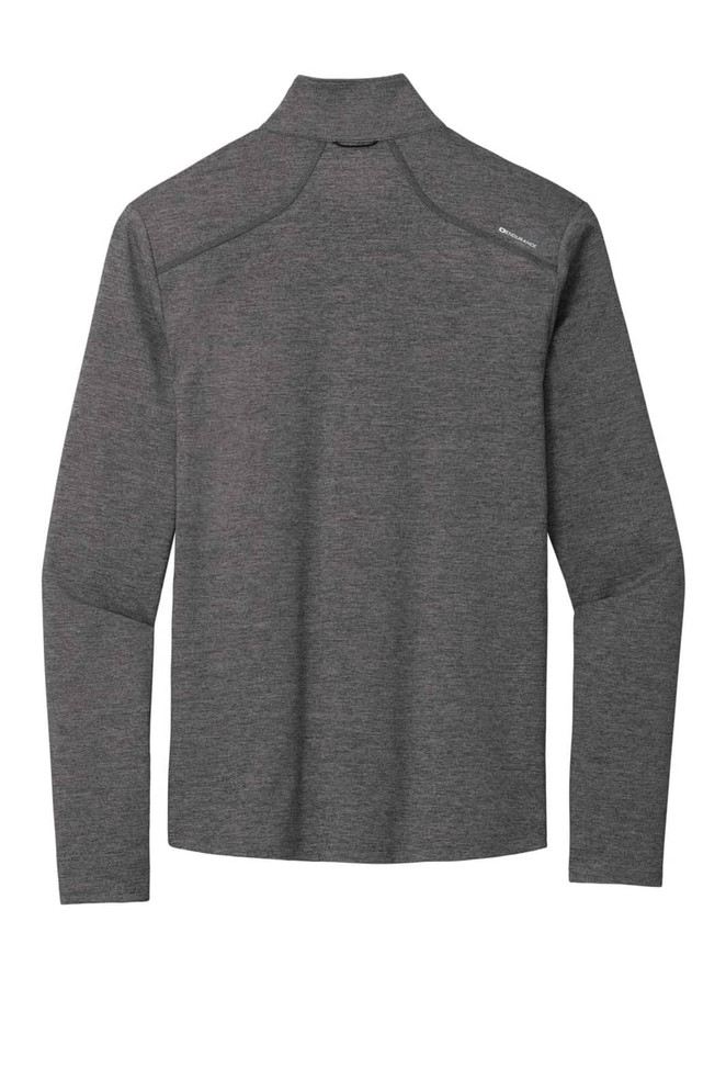 A grey, long-sleeved 1/4-zip shirt with a mock neck and a small logo on the back.