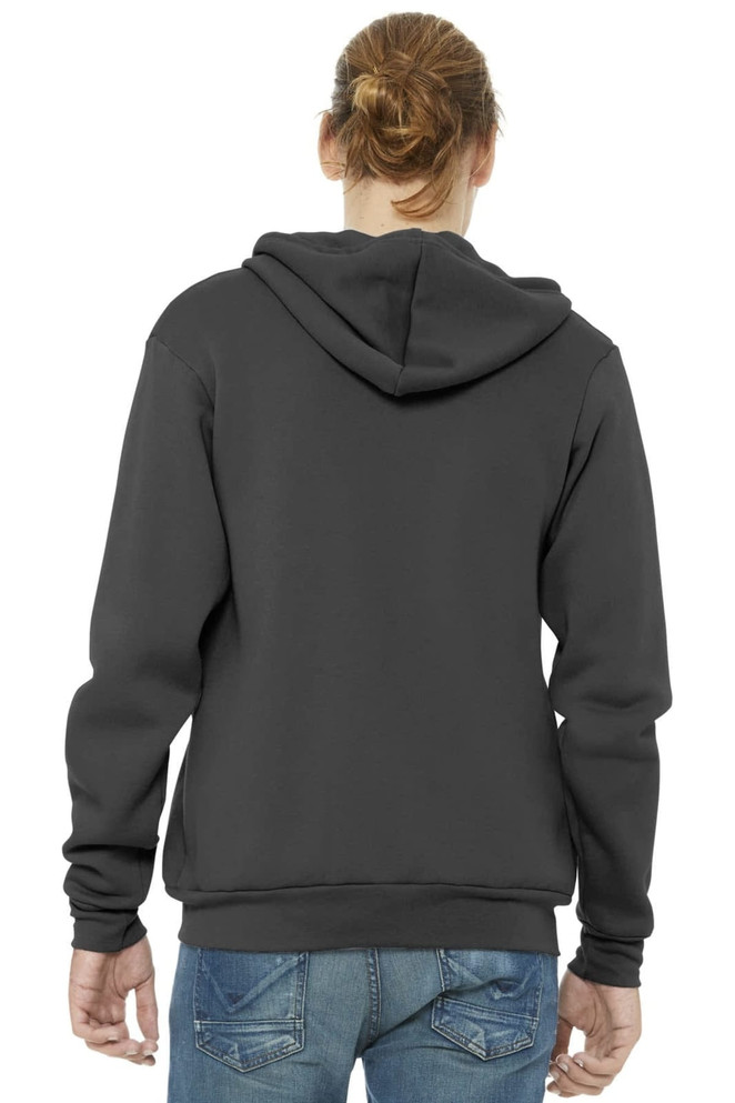 A unisex sponge fleece full-zip hoodie in dark grey, featuring a hood and a logo on the back.