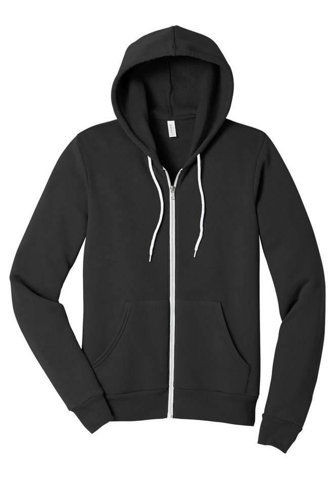 A black unisex fleece full-zip hoodie featuring a front pocket and drawstrings. It has a logo on the label.