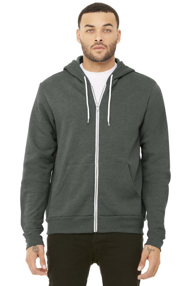 A unisex sponge fleece full-zip hoodie in dark grey, featuring a hood and a front zipper.