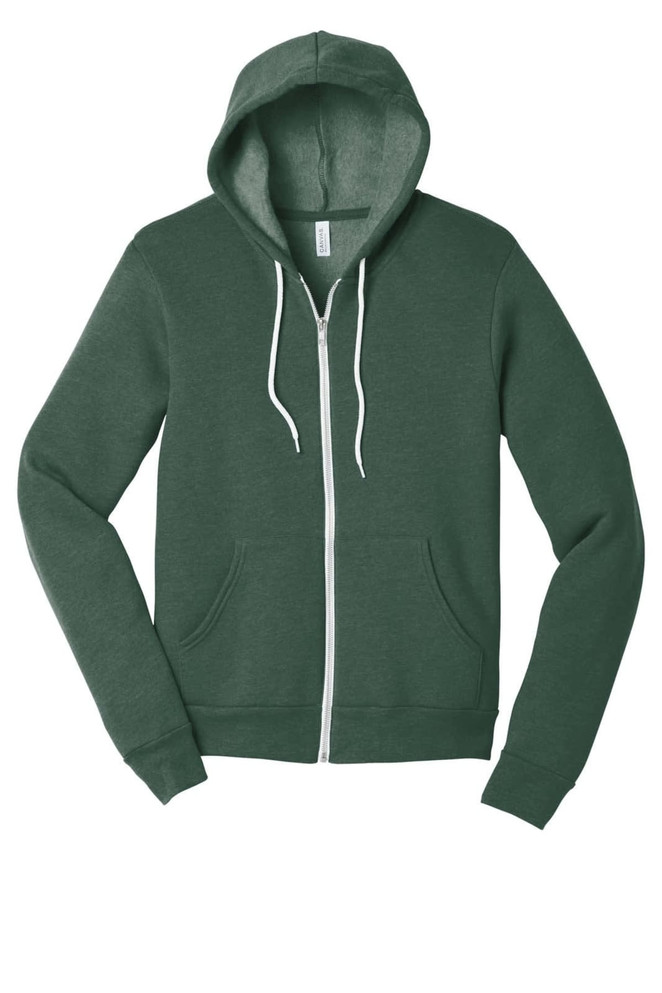 A green unisex sponge fleece full-zip hoodie with a hood and front pockets, featuring a branding logo.