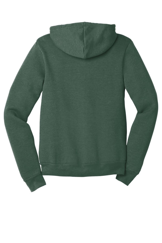 A green unisex sponge fleece full-zip hoodie with a hood and long sleeves. It features a logo.