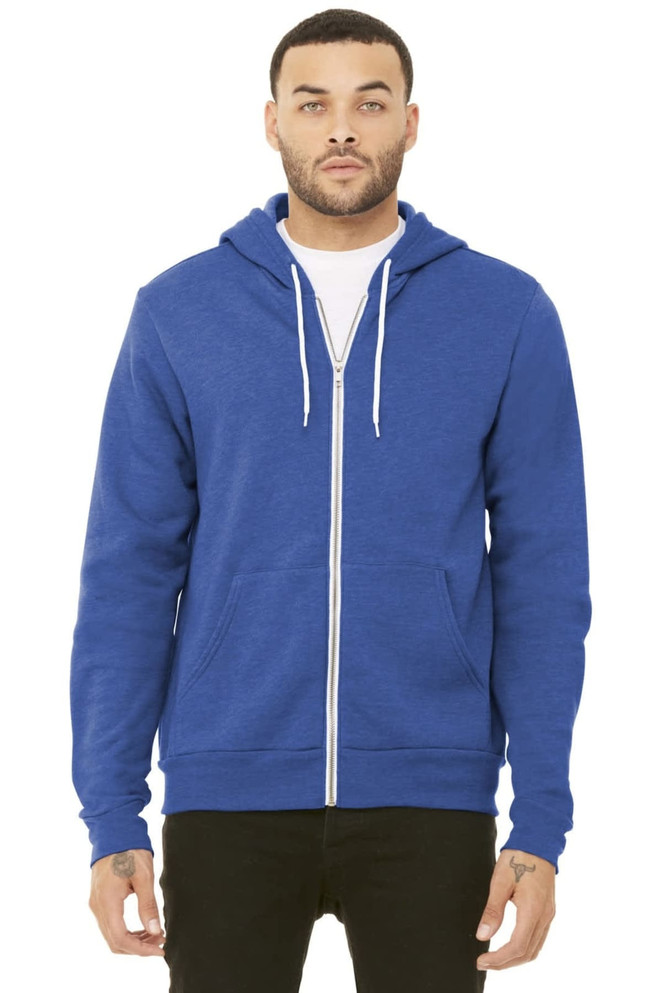 A unisex full-zip hoodie in a vibrant blue colour, featuring a hood and drawstring. It has a logo on it.