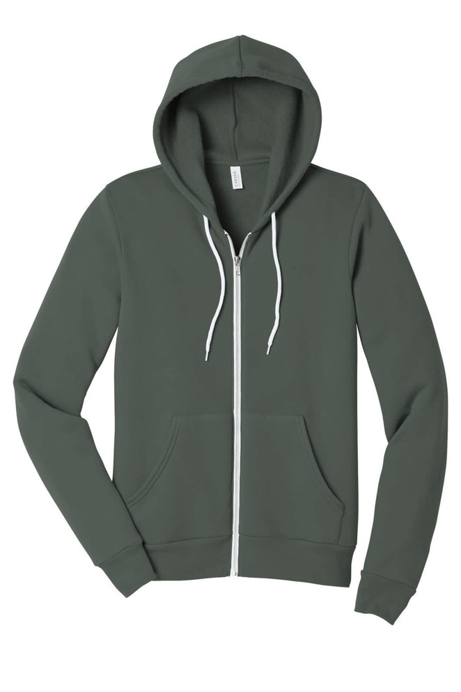 A unisex sponge fleece full-zip hoodie in a muted green colour, featuring a hood and front pockets.