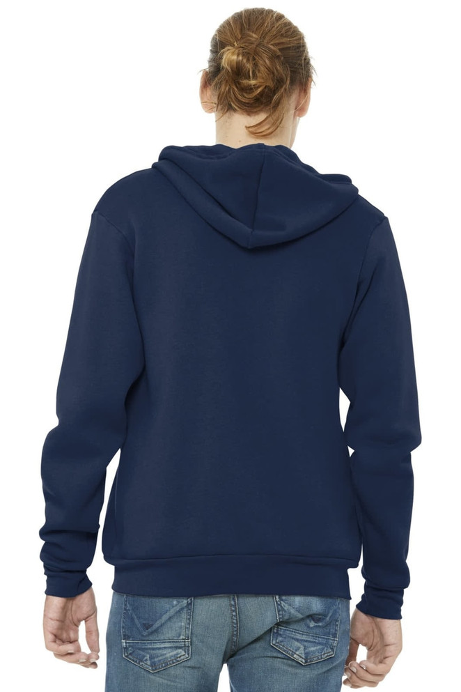 A navy unisex sponge fleece full-zip hoodie featuring a hood and long sleeves, viewed from the back.
