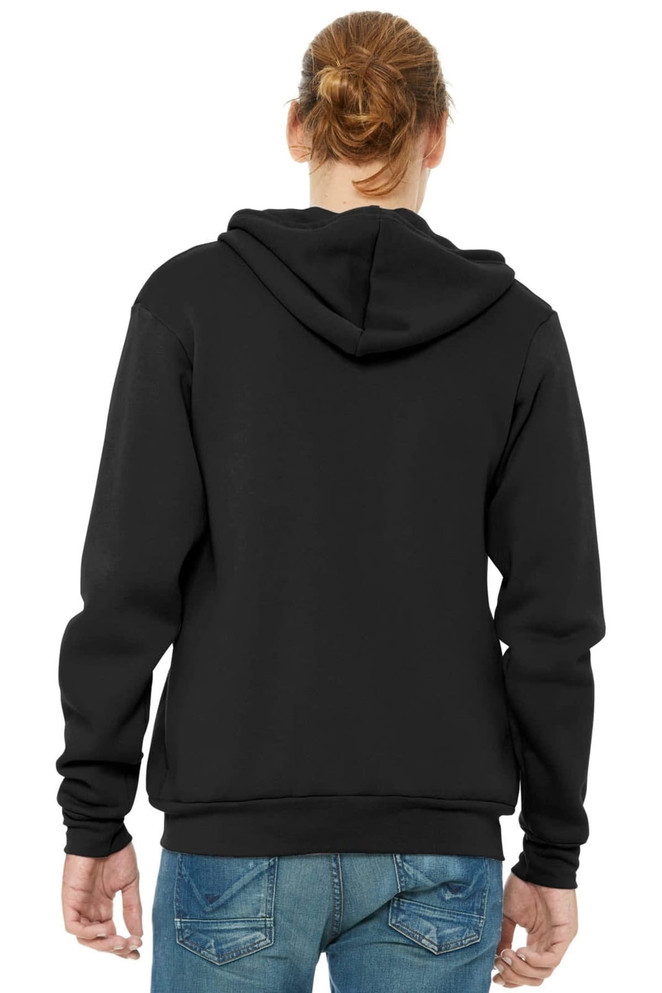 A black unisex sponge fleece full-zip hoodie with a hood, featuring a logo on the back.