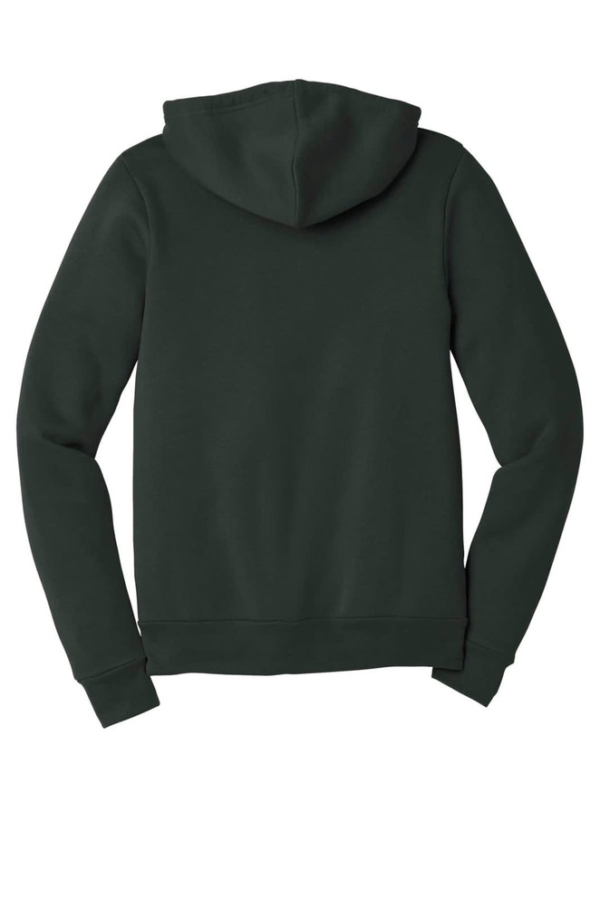 A green unisex fleece full-zip hoodie, featuring a hood and long sleeves, showing the back view.