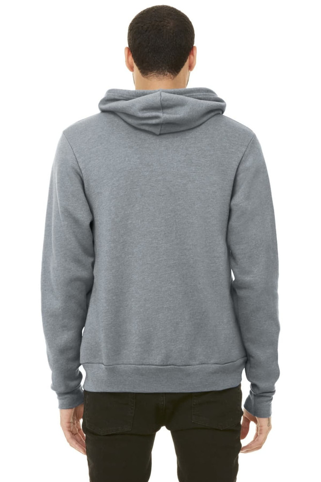 A unisex sponge fleece pullover hoodie in grey, featuring a standard hood and a simple design.