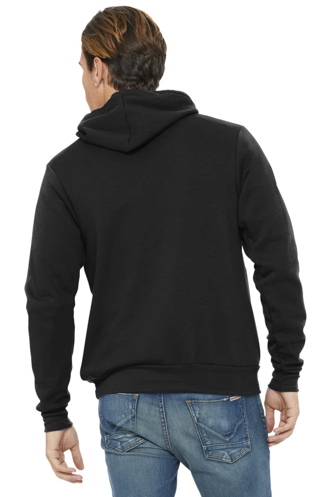 A black unisex sponge fleece pullover hoodie featuring a hood, shown from the back on a model wearing jeans.