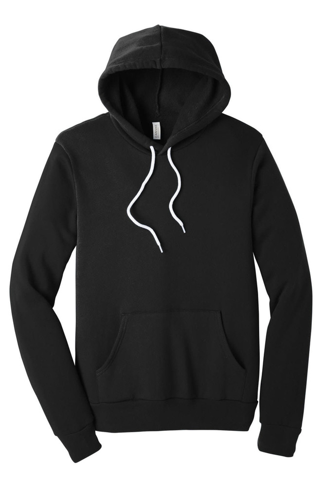 A black unisex sponge fleece pullover hoodie with a front pocket and a drawstring hood. It has a logo on it.