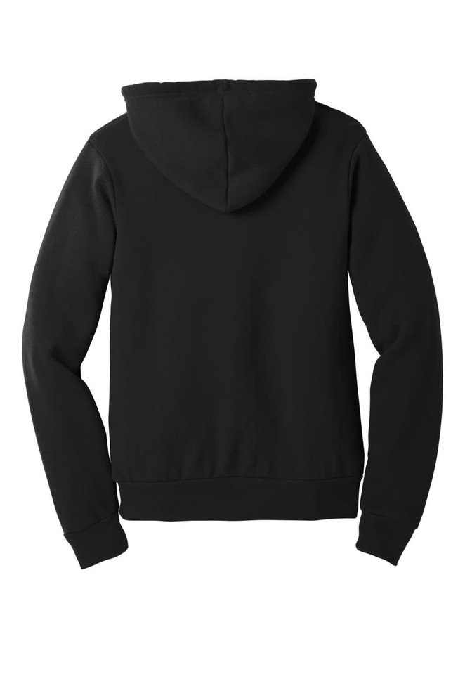 A black unisex sponge fleece pullover hoodie featuring a hood and long sleeves. It has a branding logo on the back.