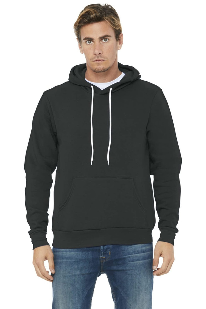 A unisex black sponge fleece pullover hoodie with a front pocket and drawstrings, featuring a logo.