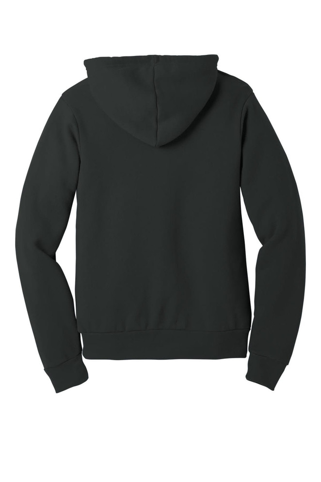 A black unisex sponge fleece pullover hoodie with a hood and long sleeves, featuring a plain back design.