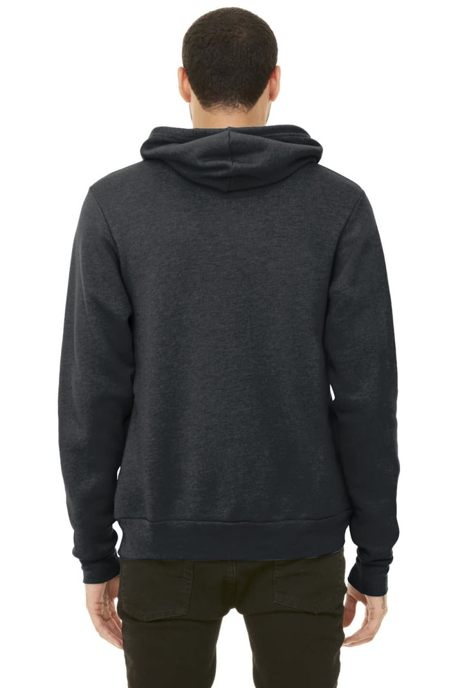A unisex dark grey sponge fleece pullover hoodie with a hood and kangaroo pocket, featuring a logo.